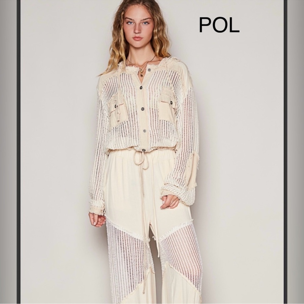 BB25. NWT POL Cream Mixed Media Sheer Mesh Button Front Hoodie - Picture 2 of 6